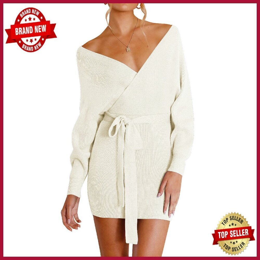 Long Batwing Sleeve Wrap V Neck Bodycon Sweater Dress with Belt